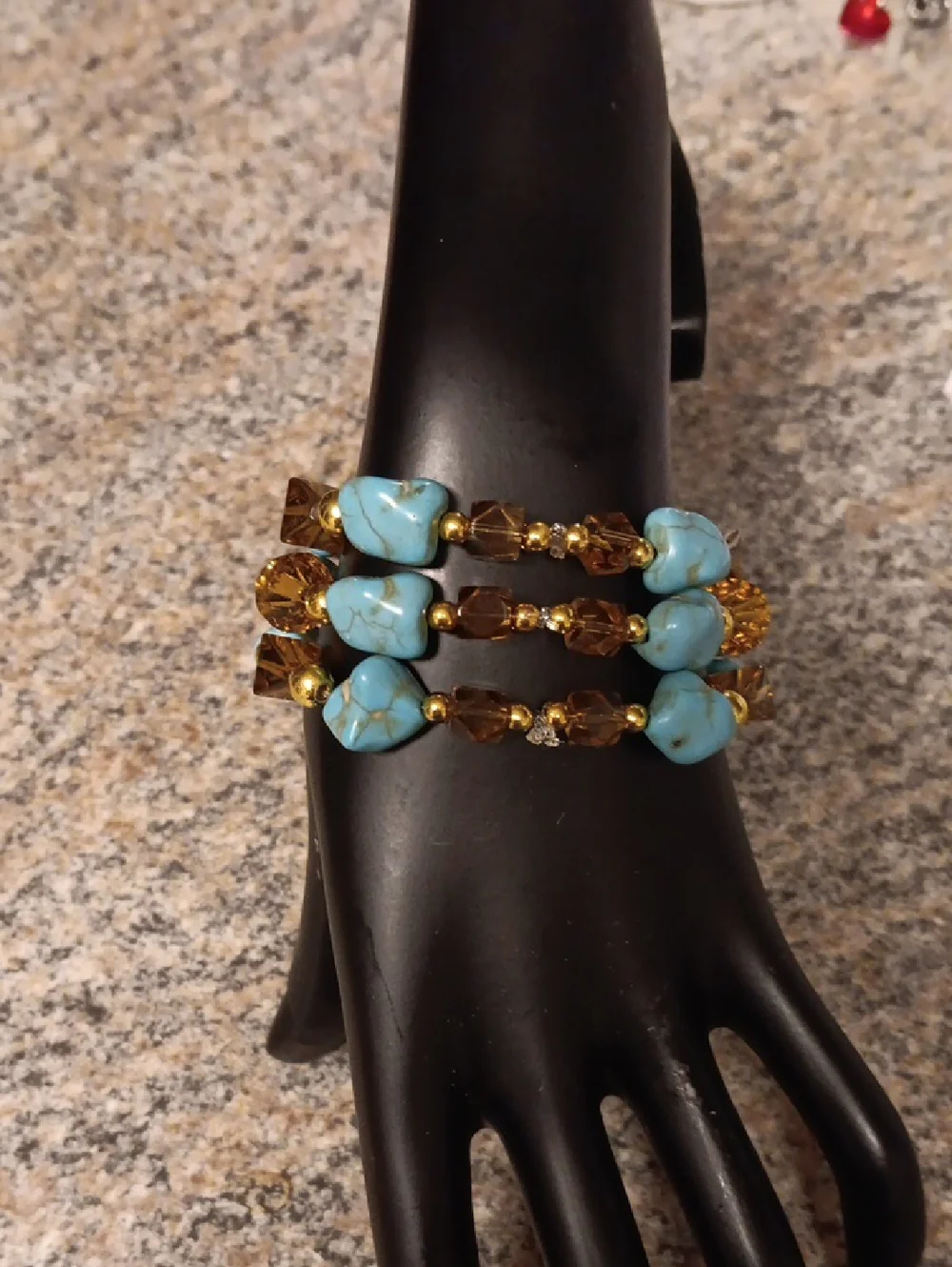 Handmade BEADED THREE TIER TURQUOISE AND Gold GLASS BEADED BRACLET